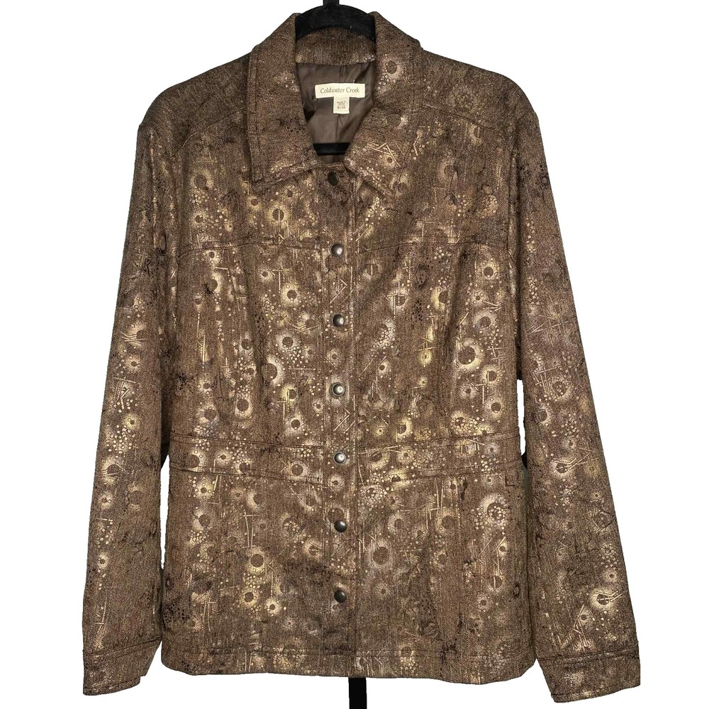 Coldwater Creek women's size 18 Brown & Gold Metallic Snap Button Jacket stretch